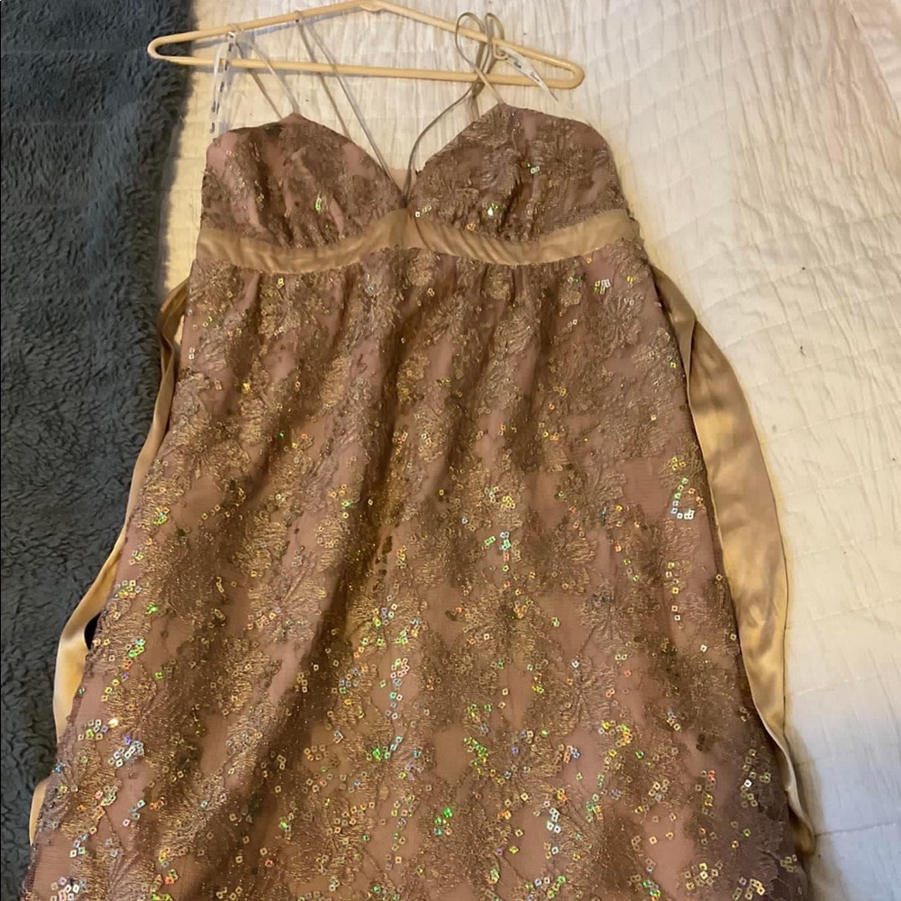 Voom by Joy Han Sequin Lace Babydoll dress Size: M Color: GOLD, tie at back